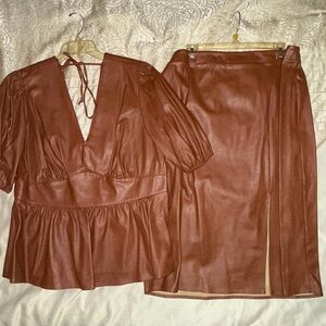 New York & Company Brown Faux Leather Skirt Set
